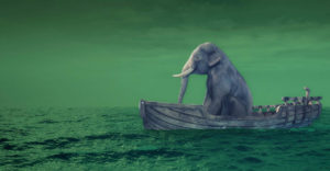Elephant on wooden row boat navigating choppy seas